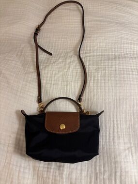 Longchamp Le Pliage Black Mini Pouch With Crossbody with Brown Leather Trim